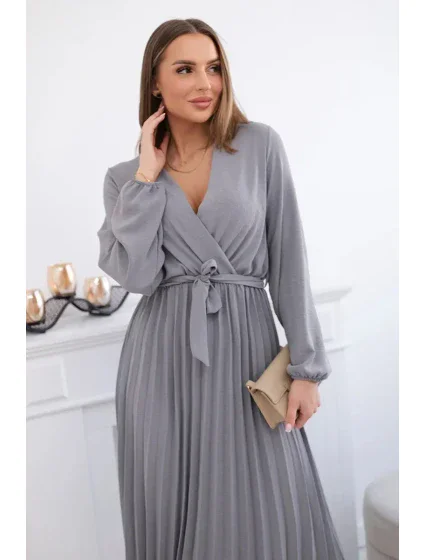Šaty se svázaným plisovaným lemem šedý Šaty se svázaným plisovaným lemem šedý