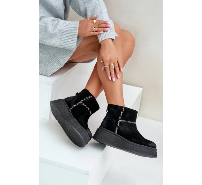 Kožené Semišové Sněhule Boty Na Platformě A Podpatku Hnědé Maciejka 06769-01 Černé