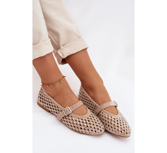 Dámské baleríny s krajkovým vzorem s kamínky a s páskem Bežowe Wilvessa