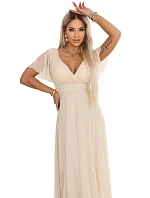 635-9 MELANIA dlouhé třpytivé svatební šaty s výstřihem a krátkými rukávy - béžové
