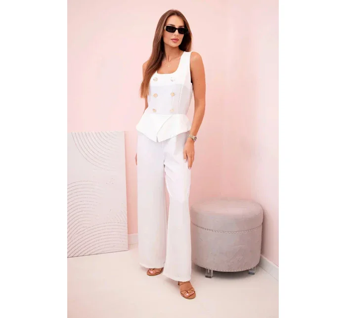 Dámská kombinéza bez rukávů s širokými nohavicemi a ozdobnými knoflíky ecru Dámská kombinéza bez rukávů s širokými nohavicemi a ozdobnými knoflíky ecru