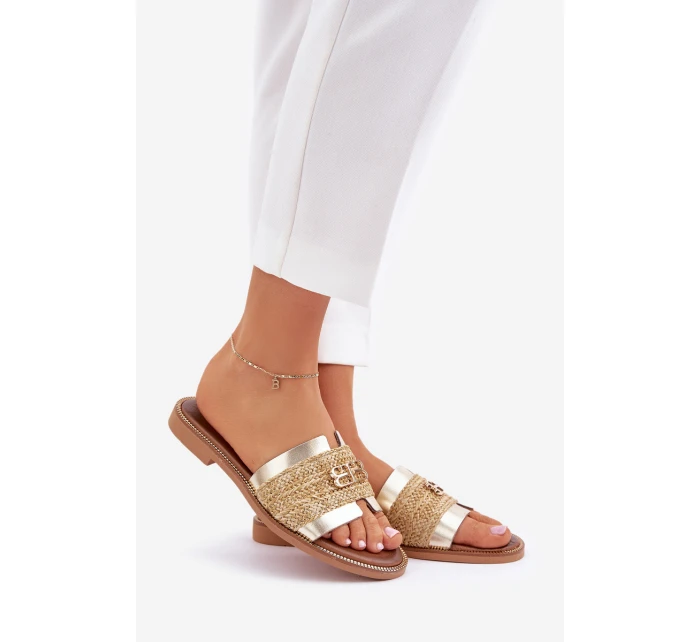 Kožené pantofle s ozdobným detailem a pletením Zazoo 40426 zlaté Kožené pantofle s ozdobným detailem a pletením Zazoo 40426 zlaté