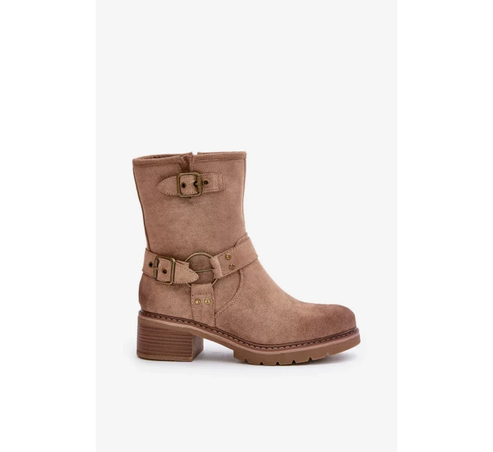 Dámské Kotníkové Boty Na Nízkém Podpatku S Přezkami Tmavě Béžové Zudra