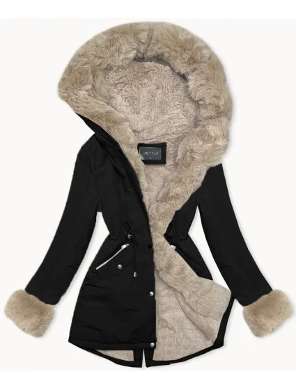 Černobéžová krátká zimní bunda parka s kožešinovou podšívkou model 21248762 - J.STYLE