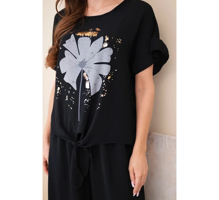 Dámský viskózový komplet s halenkou s potiskem a kalhotami černý