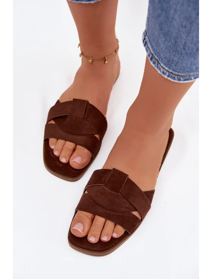 Dámské ploché sandály s pásky Eko semišové Čokoládové model 21943339 - Boto