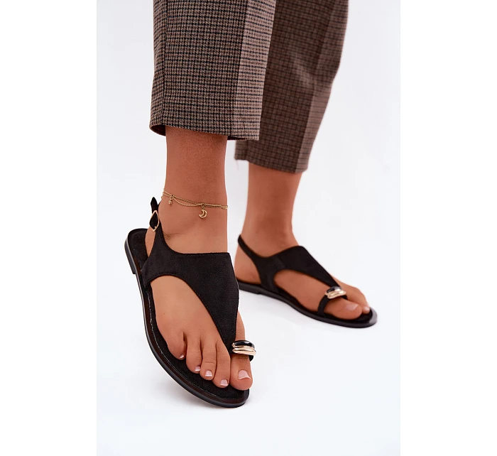 Dámské sandály Ploché se zlatým detailem Eko semiš Černé Jelviane