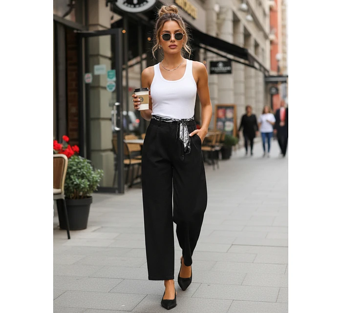 Dámské kalhoty s vysokým pasem a záševky černé FashionStreet UY2901