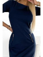 MARY - Tmavě modré dámské šaty se zlatými zipy 420-4