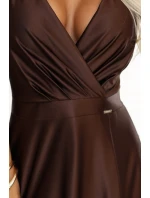 model 21489886 CRYSTAL saténové dlouhé šaty s výstřihem čokoládové - numoco