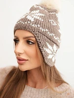 Dámská zimní čepice z vlny s motivem sněhové vločky a pomponem K450 mocca