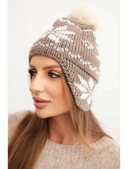 Dámská zimní čepice z vlny s motivem sněhové vločky a pomponem K450 mocca