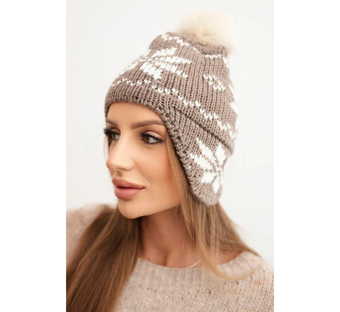 Dámská zimní čepice z vlny s motivem sněhové vločky a pomponem K450 mocca