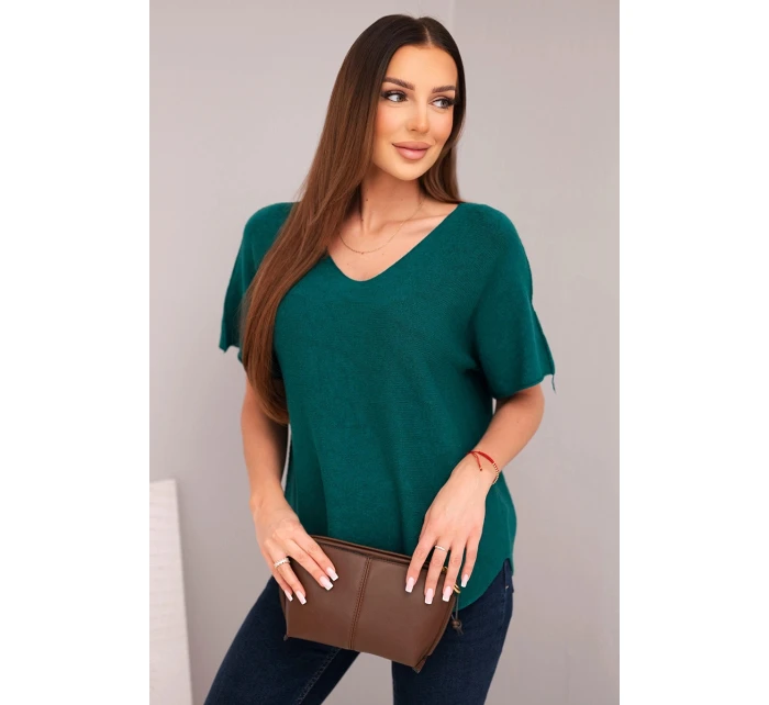Dámská svetr s krátkým rukávem a výstřihem do V tmavě zelená