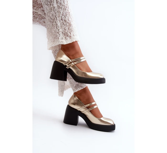 Eko Kožené Lodičky Na Masivním Podpatku Zlaté Halmina