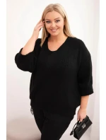 Dámská sada svetr s výstřihem do V a viskózová blůza s krajkovým spodním lemem černý Dámská sada svetr s výstřihem do V a viskózová blůza s krajkovým spodním lemem černý