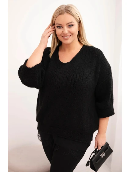 Dámská sada svetr s výstřihem do V a viskózová blůza s krajkovým spodním lemem černý Dámská sada svetr s výstřihem do V a viskózová blůza s krajkovým spodním lemem černý