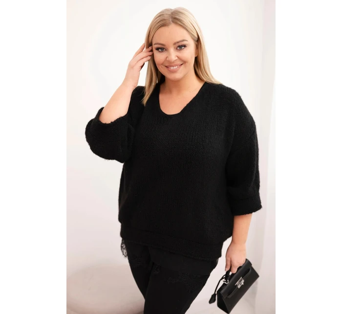 Dámská sada svetr s výstřihem do V a viskózová blůza s krajkovým spodním lemem černý Dámská sada svetr s výstřihem do V a viskózová blůza s krajkovým spodním lemem černý