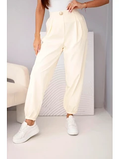 Dámské bavlněné kalhoty s vysokým pasem a ozdobným knoflíkem model 22205857 - K-Fashion
