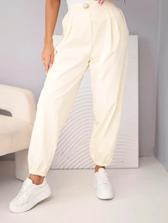 Dámské bavlněné kalhoty s vysokým pasem a ozdobným knoflíkem model 22205857 - K-Fashion