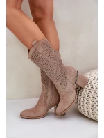 Dámské perforované kozačky do poloviny lýtka ve stylu kovbojek S.Barski – béžové, eko kůže Dámské perforované kozačky do poloviny lýtka ve stylu kovbojek S.Barski – béžové, eko kůže