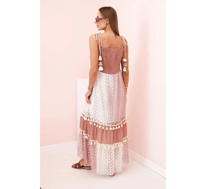 Dámské boho šaty s ramínky s výšivkou a krajkou velbloud