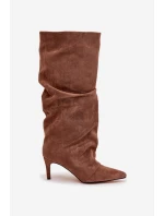 Vlněné Kozačky na Podpatku z Eko  Tmavě Béžové model 21757785 - Boto