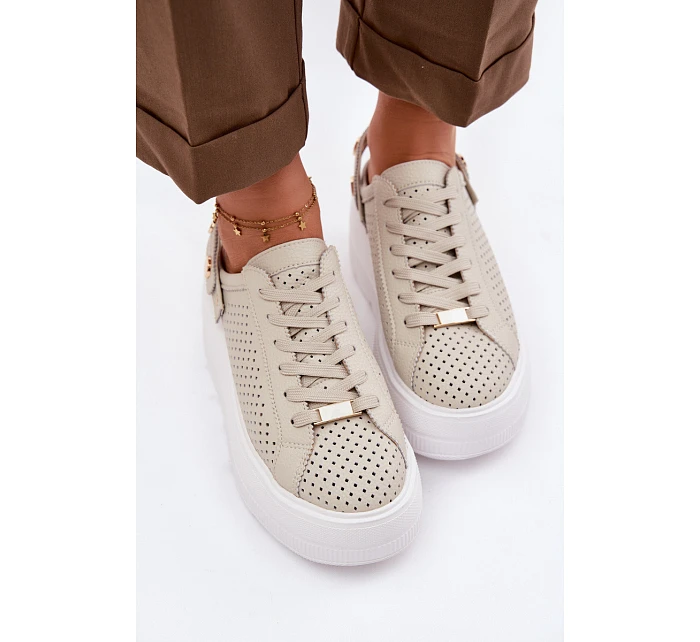 Kožené síťované dámské tenisky na platformě s páskem na podpatku D&A LR61-7088 béžové