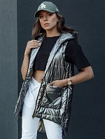 Dámská prošívaná dlouhá vesta s kapucí JESS tmavě šedá FashionStreet TY4446