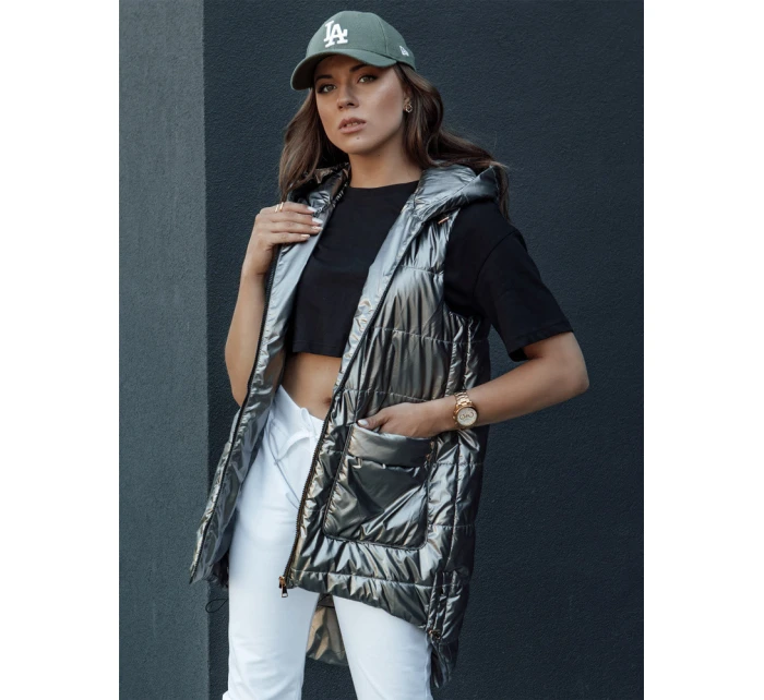 Dámská prošívaná dlouhá vesta s kapucí JESS tmavě šedá FashionStreet TY4446 Dámská prošívaná dlouhá vesta s kapucí JESS tmavě šedá FashionStreet TY4446