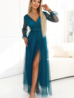 Dlouhé maxi šaty s rukávy a obálkovým výstřihem lahvově zelené model 22045483 - numoco basic