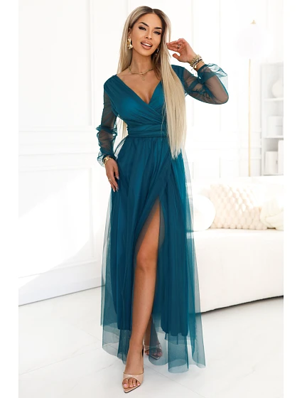 664-2 Dlouhé maxi šaty s tylovými rukávy a obálkovým výstřihem - lahvově zelené 664-2 Dlouhé maxi šaty s tylovými rukávy a obálkovým výstřihem - lahvově zelené