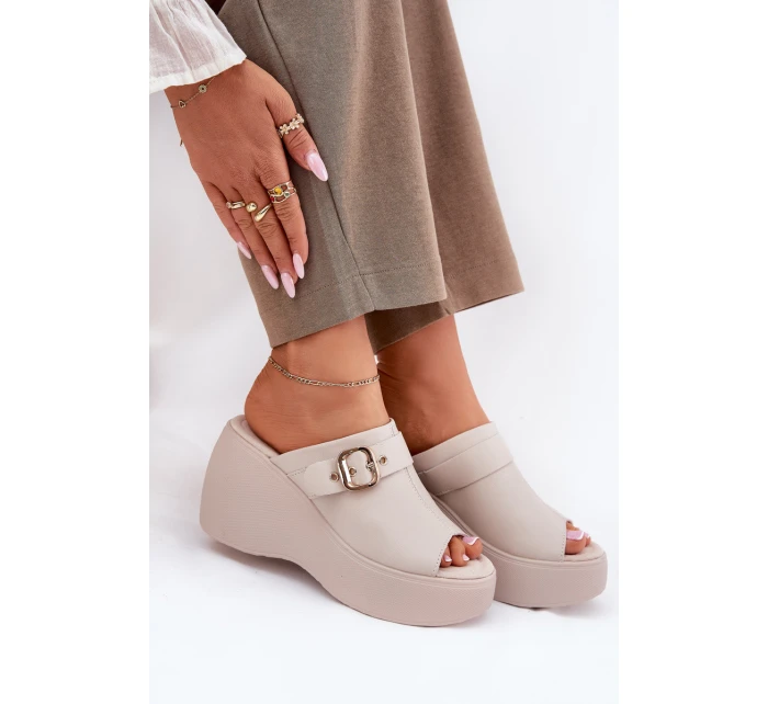 Kožené Dámské Sandály Na Platformě A Klínu S Přezkou Béžové S.Barski LR51-542