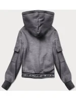 Krátká šedá dámská tepláková mikina se stahovacími lemy model 17202555 - J.STYLE Krátká šedá dámská tepláková mikina se stahovacími lemy model 17202555 - J.STYLE