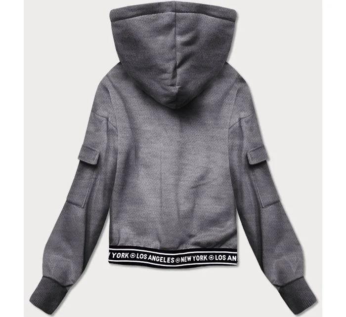 Krátká šedá dámská tepláková mikina se stahovacími lemy model 17202555 - J.STYLE Krátká šedá dámská tepláková mikina se stahovacími lemy model 17202555 - J.STYLE