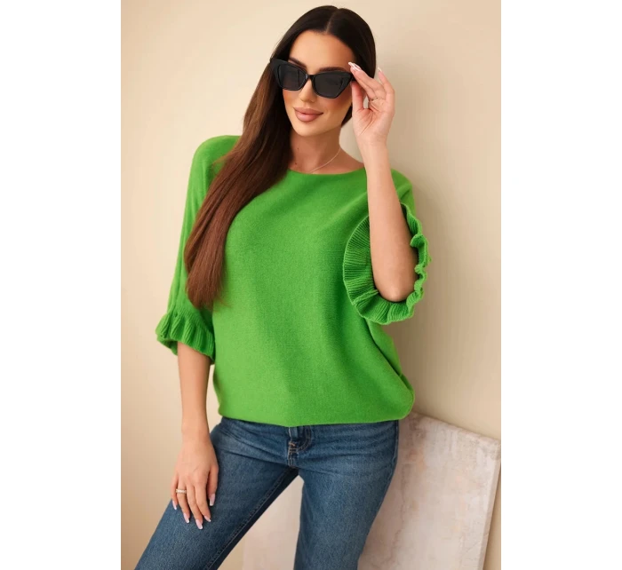 Dámský svetr typu netopýr s kulatým výstřihem zelený