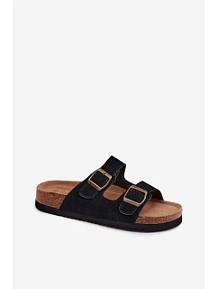 Kožené semišové dámské pantofle s přezkami černé model 22125572 - Boto