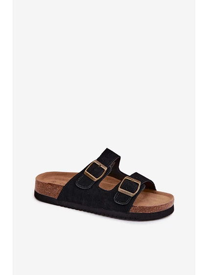 Kožené semišové dámské pantofle s přezkami černé model 22125572 - Boto