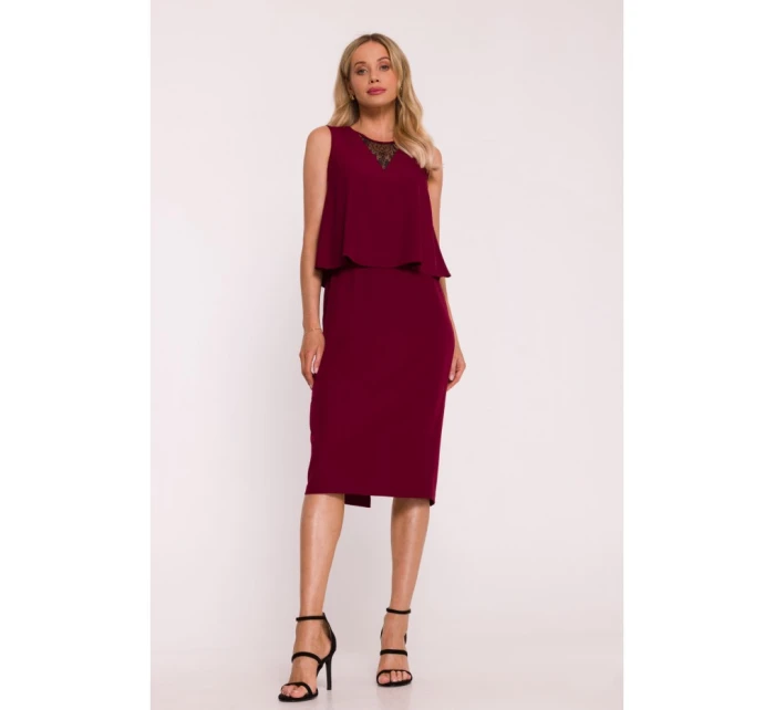 S422 Šaty s krajkovou vsadkou - bordó