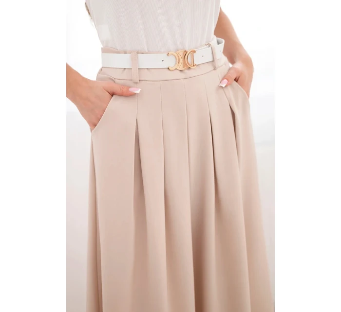 Dámská viskózová sukně s páskem a záhyby tmavě béžová