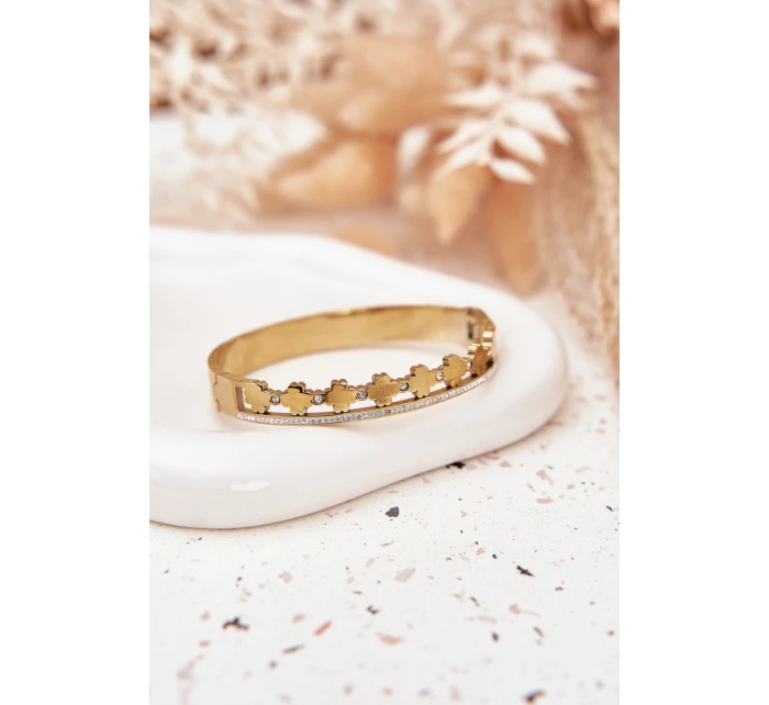 Náramek ze nerezové oceli zdobený čirými kamínky zlatý