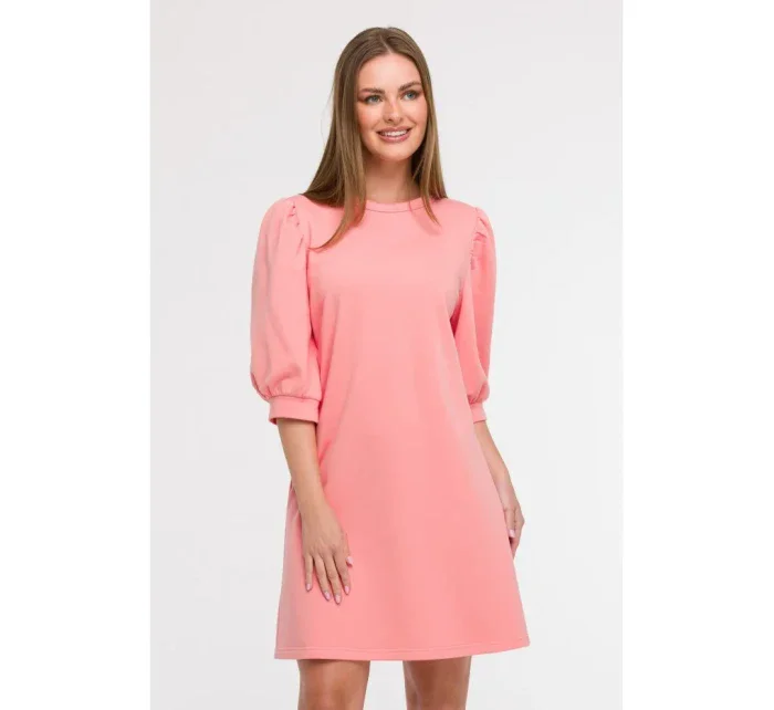 B291 Šaty áčkového střihu s pouzdrovými rukávy - korálová barva