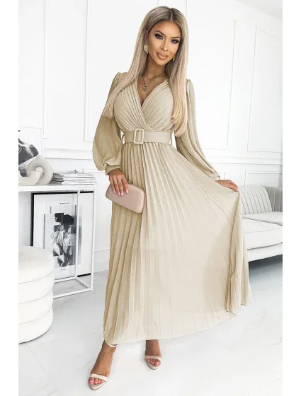414-8 KLARA plisované šaty s páskem a výstřihem - BEACH