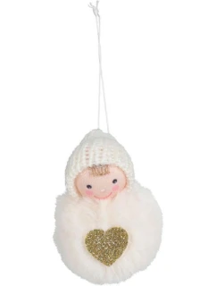 DEKORATIVNÍ SRDCOVÁ PANENKA 8CM S KLOBOUKEM A KOŽEŠINOU BÍLÁ