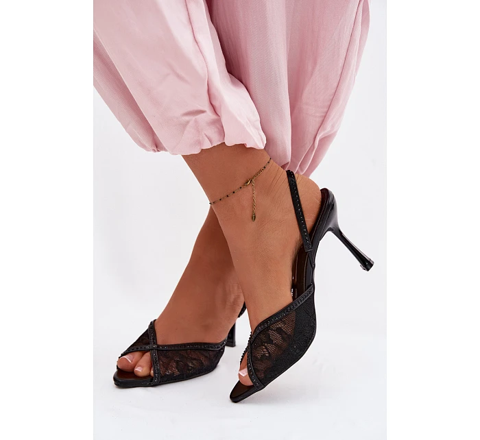 Dámské sandály na podpatku s krajkou a zdobením Černé Melivelle