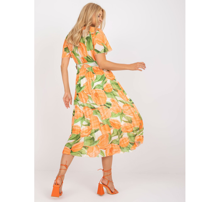Květinové plisované šaty jedné velikosti v oranžové a zelené barvě