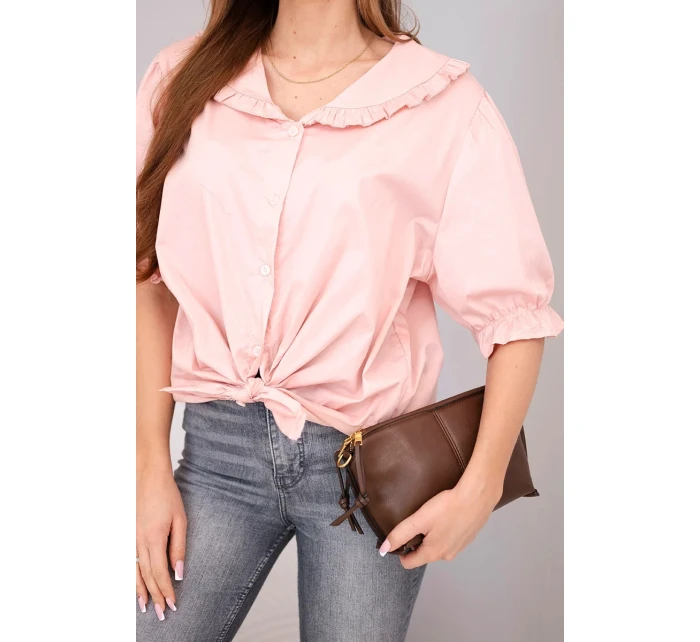 Dámská bavlněná košile s volánkem a vázáním pudrově růžová