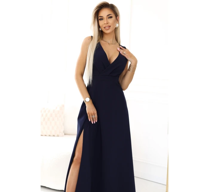 elegantní maxi šaty s obálkovým výstřihem a rozparkem na nohou tmavě modré model 21427379 - numoco