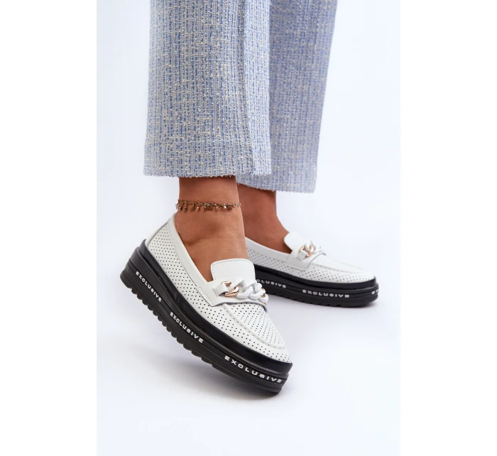 Dámské kožené mokasíny na platformě s řetízkem S.Barski LR618 Bílé