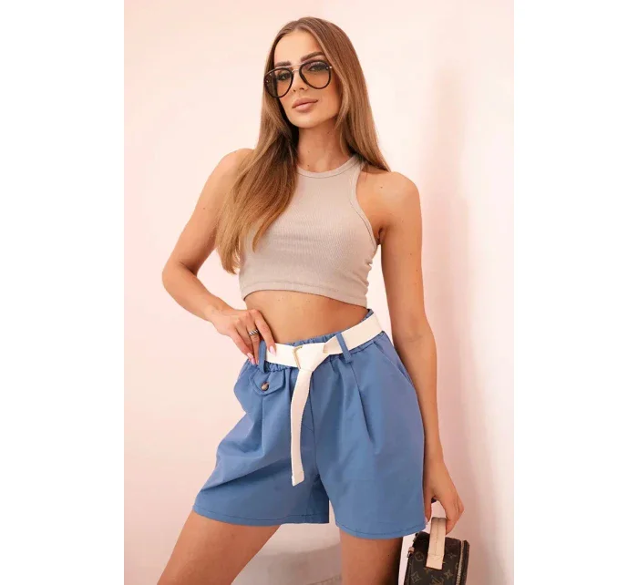Dámské šortky s vysokým pasem a páskem džínové